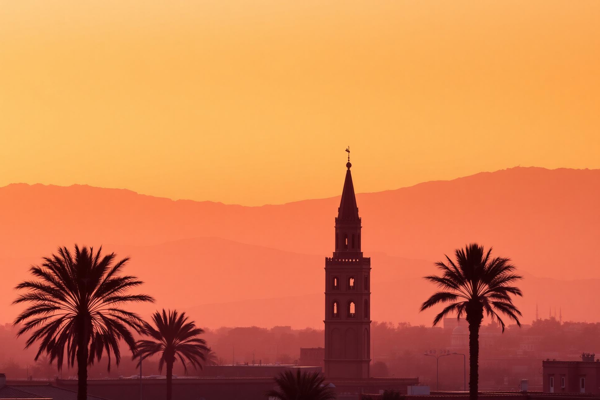 Marrakech au coucher du soleil, minaret et palmiers